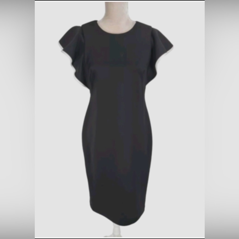 Calvin Klein Womens Scuba Midi Dress Ruffle Sleeve in charcoal gray, Sz 2